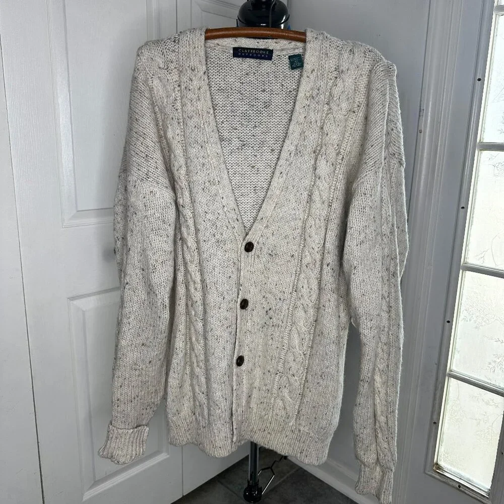 NWT Claybrooke Outdoors Knitted Speckled Cream Cardigan Size Large Fisherman